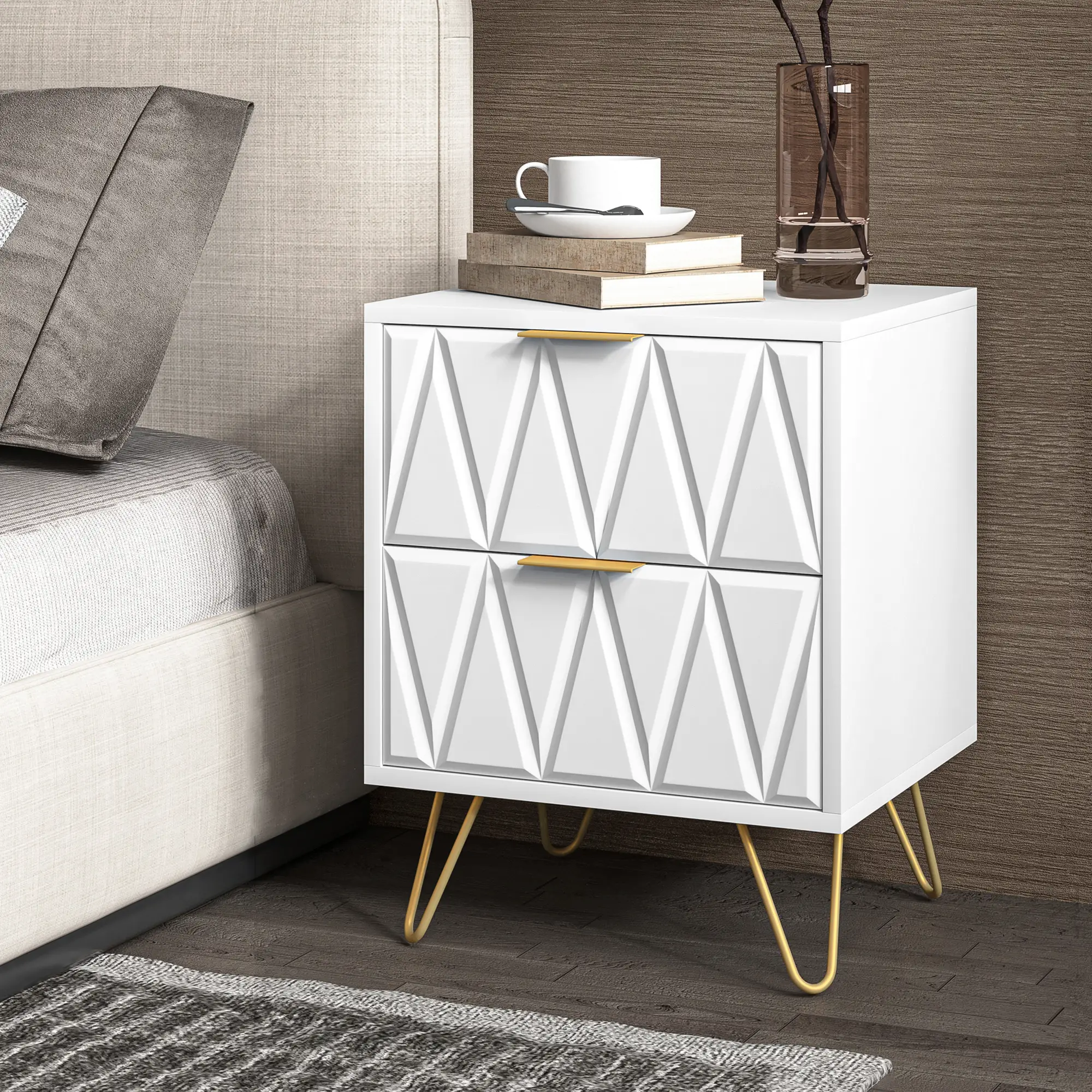 Nightstand Modern Bedside Table with 2 Drawers & Gold Metal Legs, Simple and Elegant Bedside Table,Night Stand Metal Legs for Bedroom Living Room