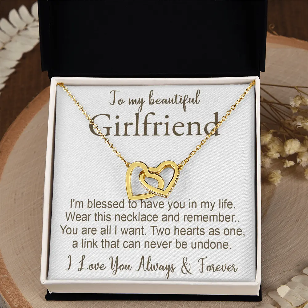To My Beautiful Girlfriend Interlocking Hearts Necklace - Romantic Jewelry Gift for Her, Birthday, Anniversary, Valentine's Day Gift with Message Card & Gift Box