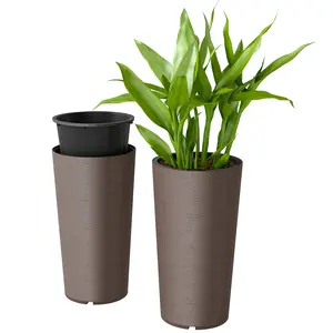 Outsunny 29 Inch Tall Planters for Outdoor Plants, Set of 2 Plastic Flower Pots with DIY Drainage Holes, Stackable Large Planters for Indoor Plants, Front Porch Decor, Brown