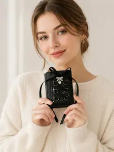 Korean Style Ribbon Bow Wallet Cute Goth Mini Coin Purse for Women Y2K Aesthetic Lace Up Wallet PU Leather Card Holder, Exquisite Cardholder, Vintage Fairycore Purse Christmas Gift Birthday Gift Halloween Party Accessory Travel Shopping Daily