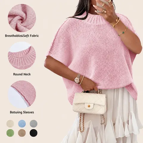 Womens Oversized Sweater Tops Summer Lightweight Batwing Half Sleeve Casual Loose Knit Pullover Shirts Clothes Skirts Knitwear