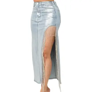 Metallic foil denim skirt with side slit women's bottom