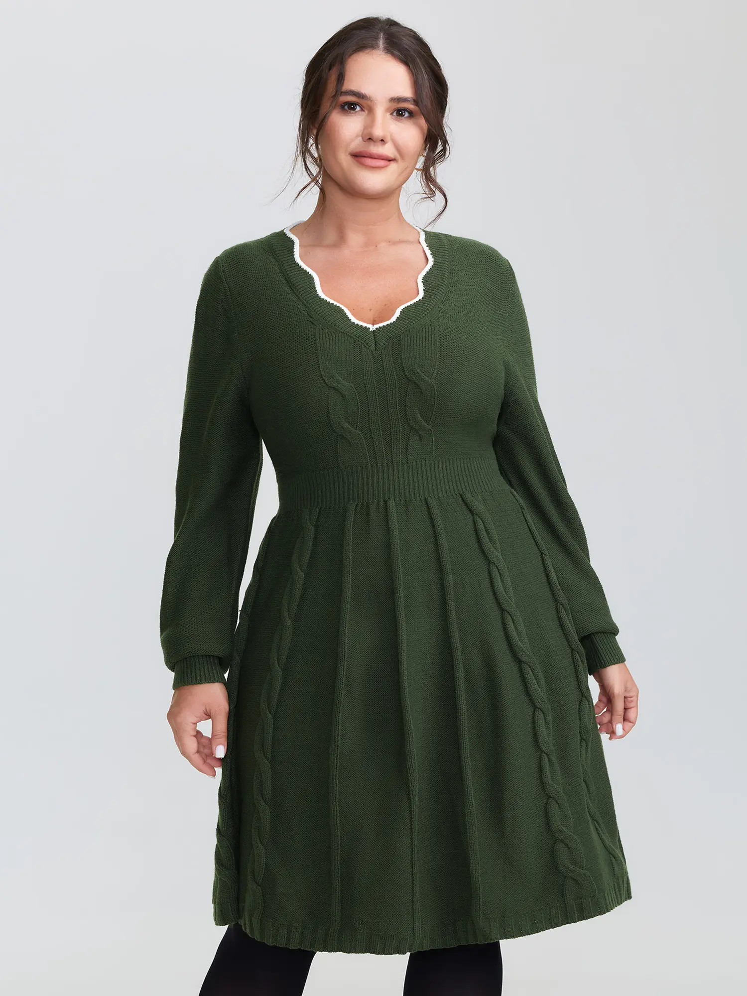 BloomChic Women's Elegant Acrylic Cable Texture Garment - V-Neck, Long Sleeve, Bodycon Tunic Dress, Casual Wear, Ready to Wear, Tunic Length Sweater Dress, Do Not Dry Clean, Lady, Fabric, Longsleeves, Knit