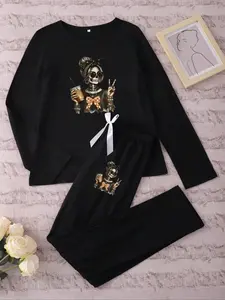 Women's Long Sleeve Pajama Sleepwear Loungewear Set, Halloween Skull Print Design, Fitted Style, Moderate Fabric Thickness, Ideal for Spring & Fall Seasons