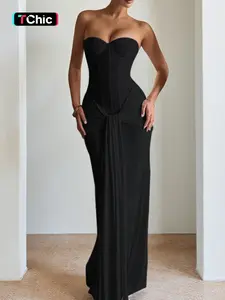 Women's Fashion Solid Color Round Neck Sleeveless Tie Waist Bodycon Maxi Dress, Elegant Fitted Plain Dress for Women