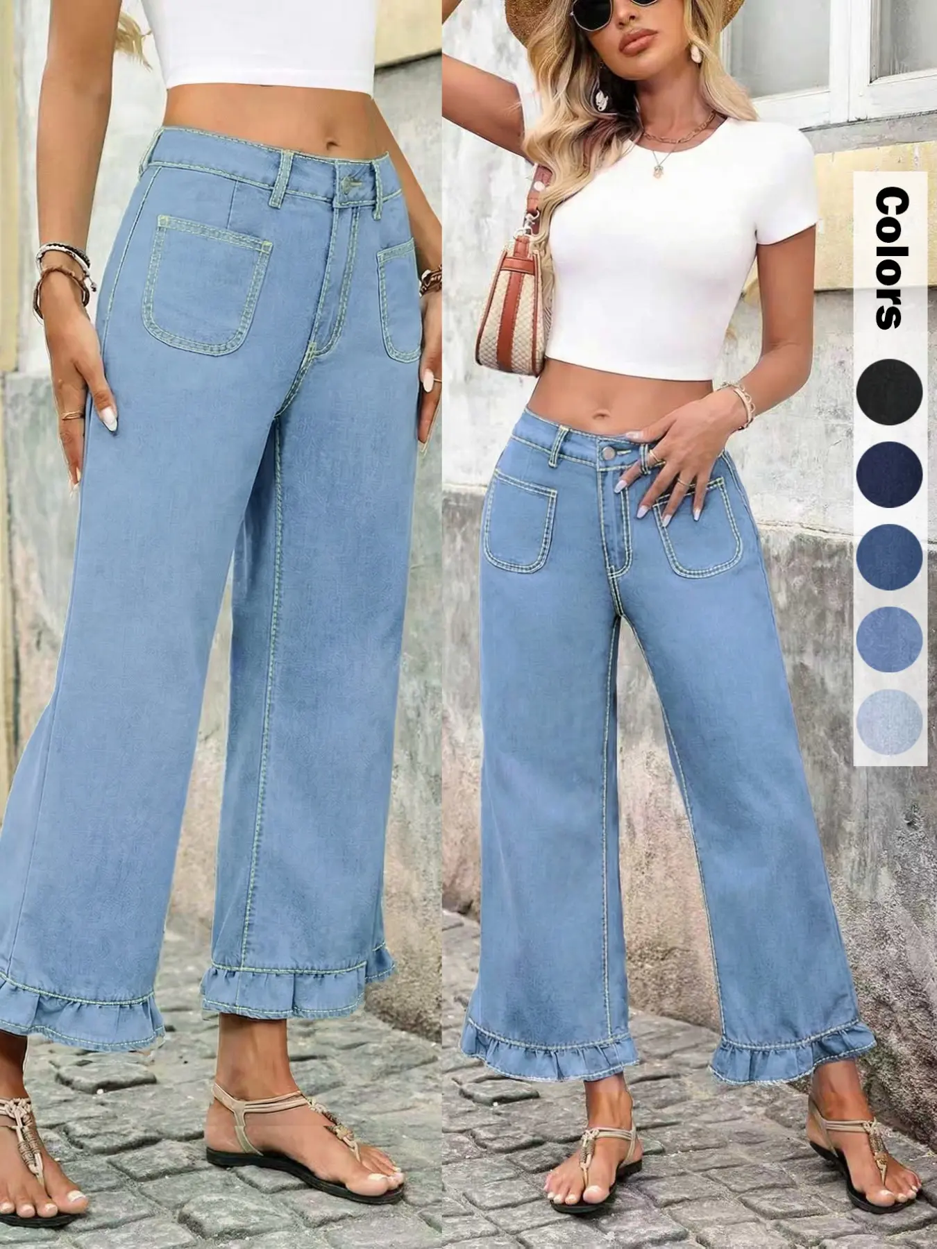 Casual Fashion Women's Denim Jean Wide Leg Loose Baggy Pants, Elastic Waist, Ruffle Hem, Long Trousers for Everyday Wear, Comfortable and Stylish Womenswear