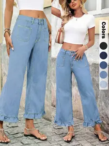 Casual Fashion Women's Denim Wide Leg Pants, Elastic Waist, Ruffle Hem, Long Trousers for Daily Wear, Comfortable and Stylish