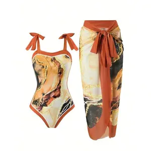 Women's 2026 New 2-Piece Halter Swimsuits Set, Starfish Print, High Stretch Quick Drying Cover-Up Skirt with Bow Detail, Standard Sizes for Summer Beach, Pool Vacations