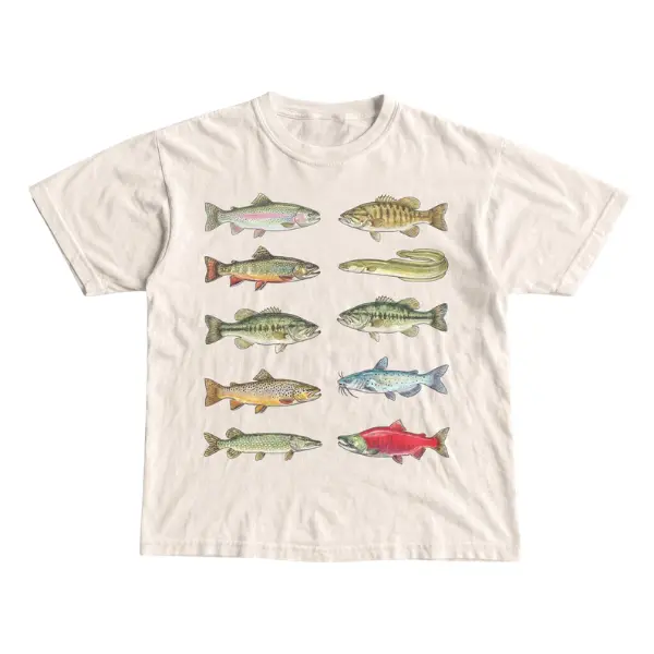River Fish T-Shirt  Graphic Tee - Vintage Trout - Fish Shirt - Retro Fishing Shirt - Y2K Fishermen Gifts, Unisex Menswear & Womenswear - Streetwear Tops - Casual Cotton Crewneck Shortsleeve Tshirt