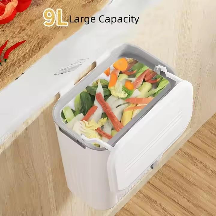 9L Wall Mounted Kitchen Trash Can with Lid - Hanging Garbage Bin for Cabinet Door, Bathroom, and Countertop Use