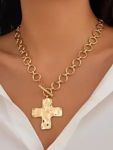 Women's Titanium Alloy Cross Pendant Necklace, Punk Style Layered Hammered Design, Vintage Resilient Clasp, All Seasons Jewelry Gift