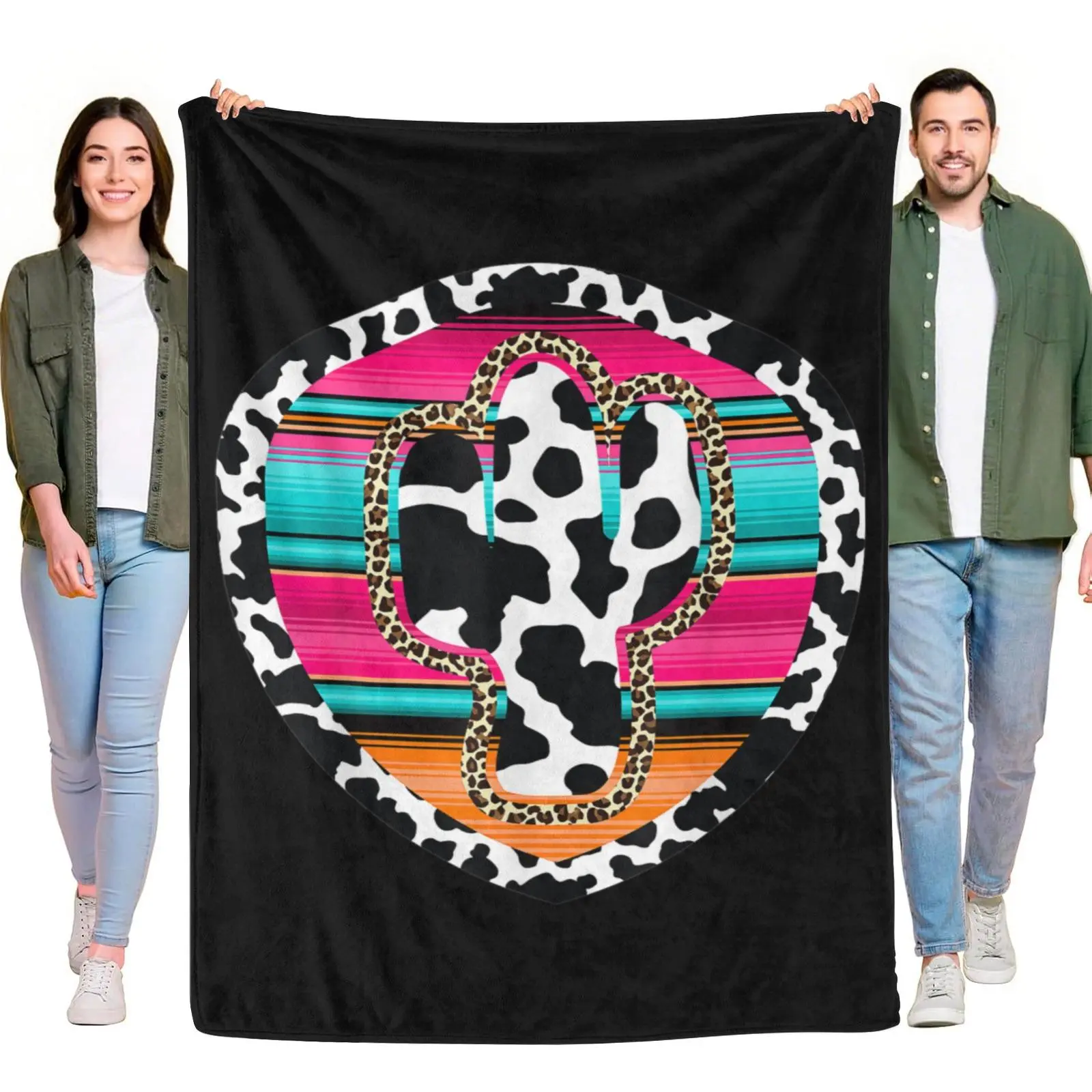 Flannel Throw Blanket, Western Cactus Heart Shape Cow Print Leopard Serape Strip Retro Boho Desert Aesthetic Black Background Throw Blanket