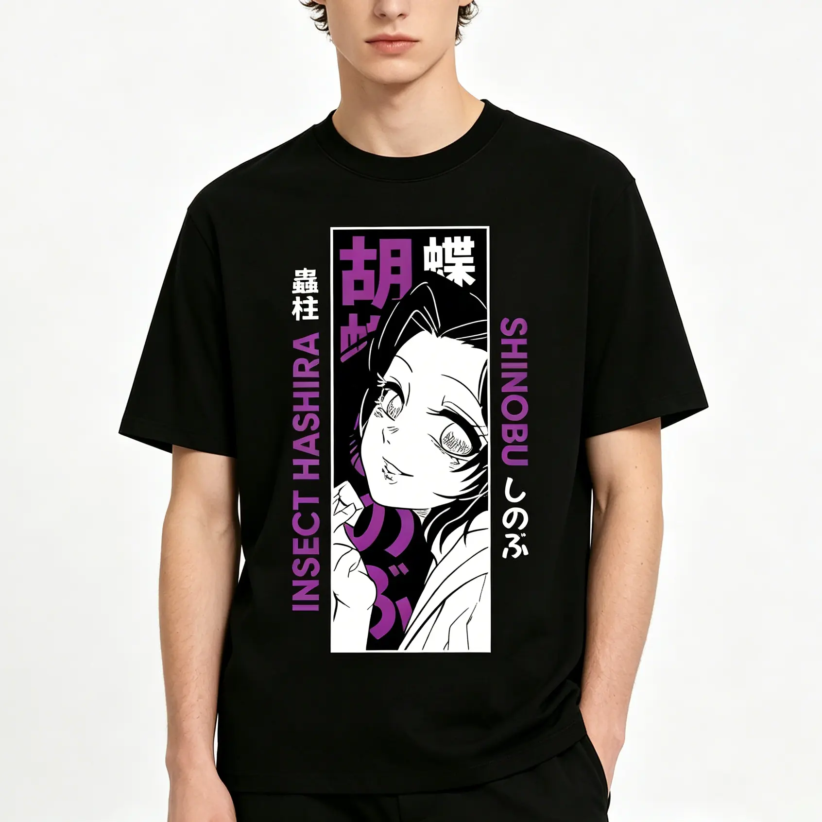 Demon Slayer Shinobu Kocho Graphic Print T-Shirt - 100% Cotton, Breathable Loose-Fit Multi-Size Premium Insect Hashira Manga Streetwear Sports Top for Unisex Adults, T Shirts