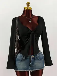Fashion Versatile Minimalist Front Tie Women's Long Sleeve T-Shirt, Casual Everyday Home Wear, Fitted Style, Fall & Winter, Plain Pattern, Womenswear, Tops