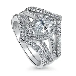 BERRICLE Sterling Silver Halo Wishbone Engagement Rings Statement Stackable Band Split Shank Ring Set for Women, Pear Cut Cubic Zirconia CZ