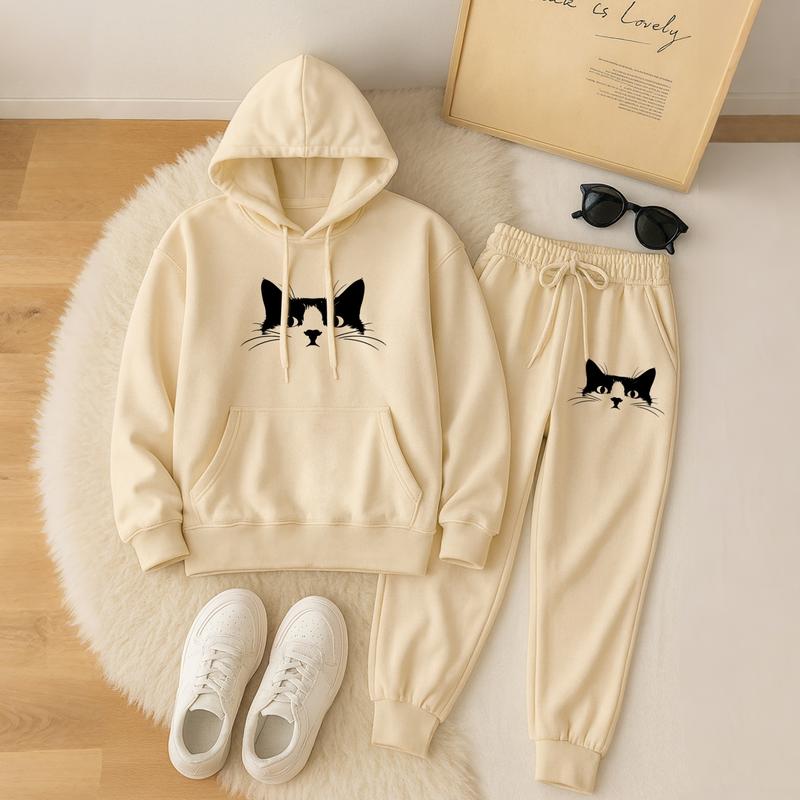 Women's Cat-Patterned Hoodie And Drawstring Track Pants Set, Casual Sportswear, Long-Sleeved Hooded Jacket And Pants, Suitable For Autumn And Winter, Everyday Wear, Indoor And Outdoor Sportswear, Sportswear Set, Casual Sportswear.