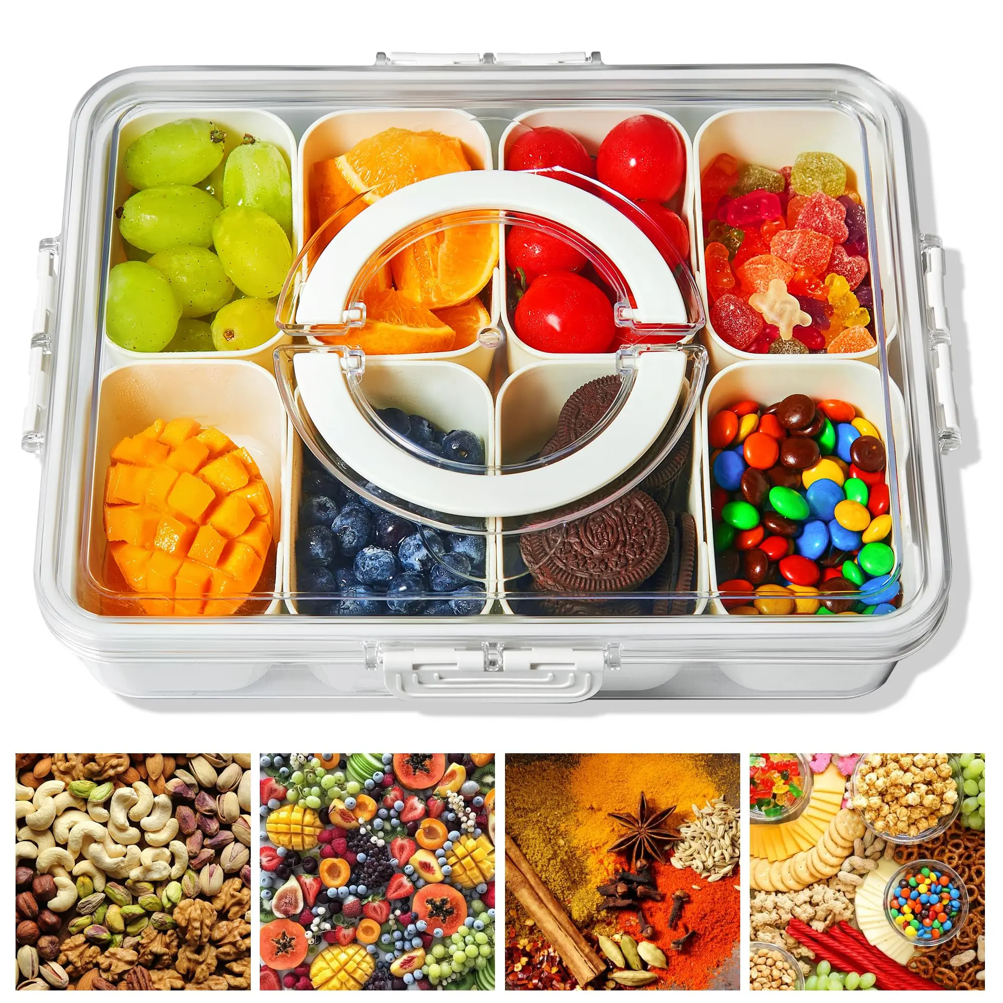 Divided Snackle Box Container with Lid and Portable Handle - Kitchen Preserving Container for Candy, Fruit - Convenient Kitchen Utensil & Gadget [New Deal]