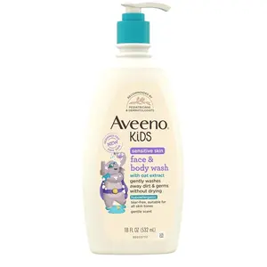 Aveeno Kids Sensitive Skin Face & Body Wash, Nourishing Oat Extract, Wash Away Dirt and Germs Without Drying, Kids Body Wash is Tear-Free, Hypoallergenic, Sulfate- & Dye-Free, 18 Fl Oz