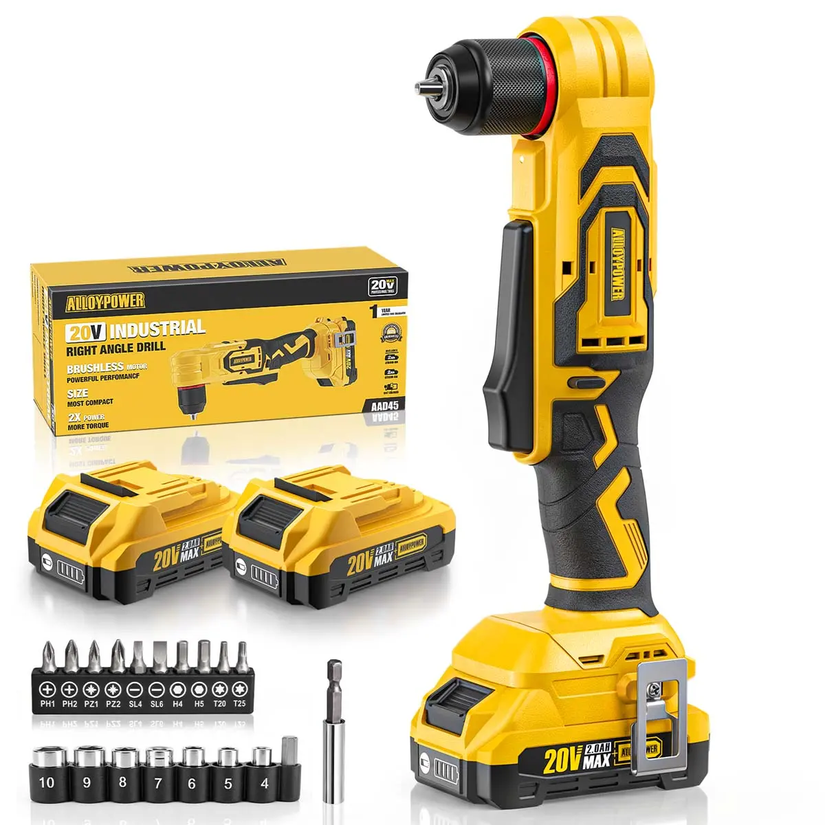 20V Brushless Right Angle Drill with 2 * 2.0Ah Battery & Charger, 3/8" Cordless Angle Drill with Compact Design & Variable Speed, featuring an LED Light for Screws/Drilling