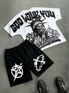 Men's Matching Set, Casual Style Set: Short-sleeve shirt and shorts with cropped, batwing silhouette and Statue of Liberty graphic, versatile for everyday wear and street style