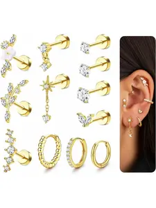 12pcs Helix Piercing Jewelry Stainless Steel Tragus Earrings Set, Floral Design Studs, Silver &, All Seasons Wear Statement Earrings, Flat Pierced Jewelry