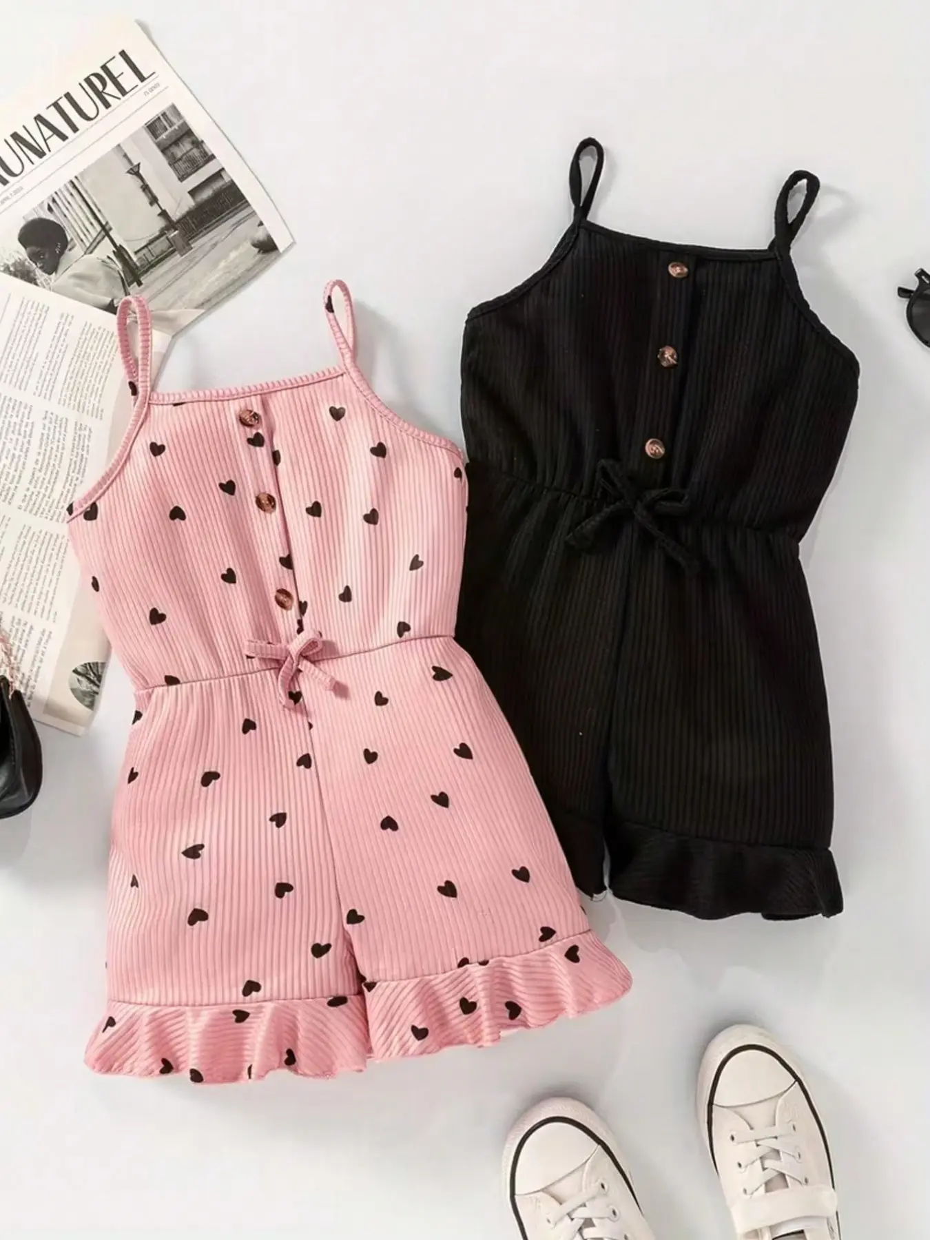 2-Pack Girls' Striped Halter Jumpsuit, Button Front Waist Tie Hem, Casual Vacation Home Wear, Slim-Fitting Knit Jumpsuit, Knitted Clothes