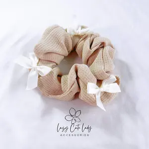 Chic Milk Tea Fabric Hair Scrunchie with Ribbon Bows