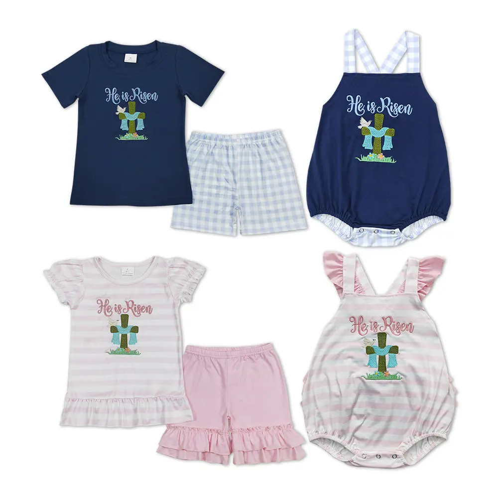 Boys' Toddler High Quality 2-Piece Striped Parke Set - Religious Easter "He Is Risen" Printed Blue Church Party Outfit with Shorts, Breathable Fabric