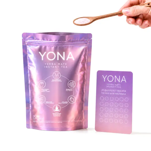 Yona Wellness Decaffeinated Lychee Rose Yerba Mate Instant Powder Packets - 30 Servings, 330g Natural Blend Functional Beverage Mix with Glucomannan Fiber, Lion’s Mane, Probiotics, Collagen, Magnesium for Gut Support, Bloat Relief