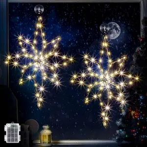 2 Pack 16" Large Christmas Window Light Decorations, LED Bethlehem Christmas Star Window Silhouette Lights with Timer, 8 Models, Iron Frame, Battery Operated Lighted Xmas Star Decors (Warm White)