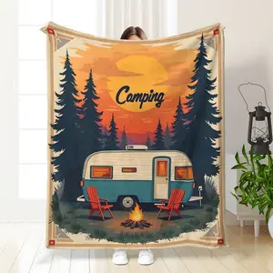 Soft Flannel Wool Blanket, Vintage Traveler Design, Chunky Knit, All-Season Comfort, Cozy Home & Travel Wrap