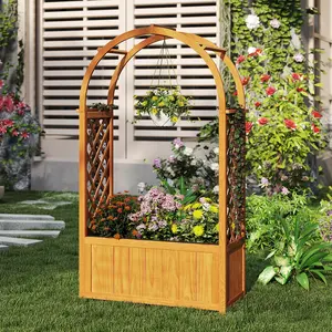 COSTWAY - Wooden Raised Garden Bed with Lattice Trellis and Arched Roof-Orange