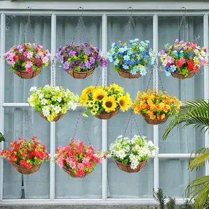 Spring Faux Flower Basket Set, Multiple Bowknot Artificial Hanging Baskets, Home Floral Iron Art Planters Decor, Living Room Bedroom Restaurant Decoration