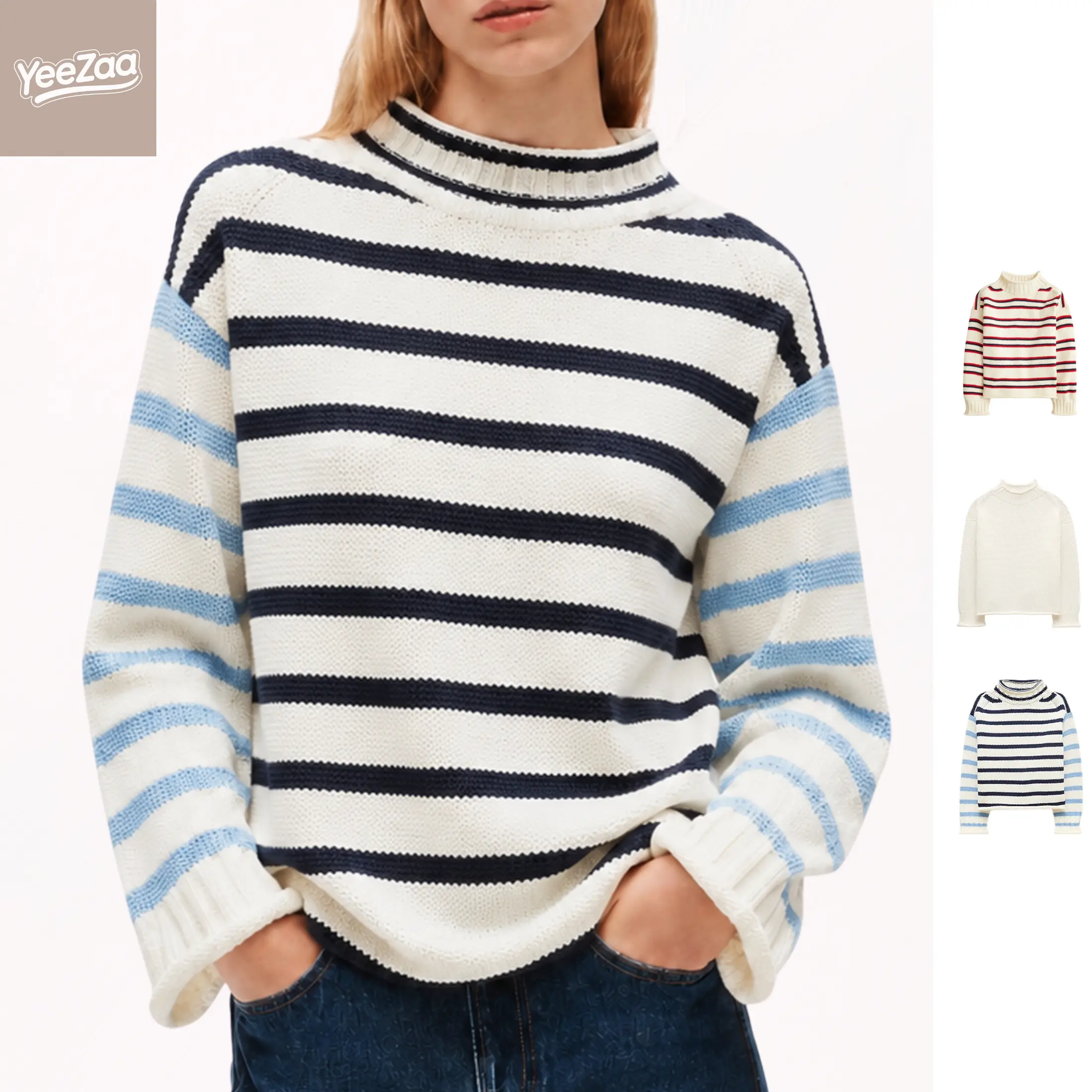 YeeZaa Oversized Roll Neck Striped Sweater for Women Long Sleeve Chunky Knit Pullover Color Block Sweaters Cozy Fall Tops Casual Loose Knitwear College Outfit Transitional Fall Winter Look Office Outfit