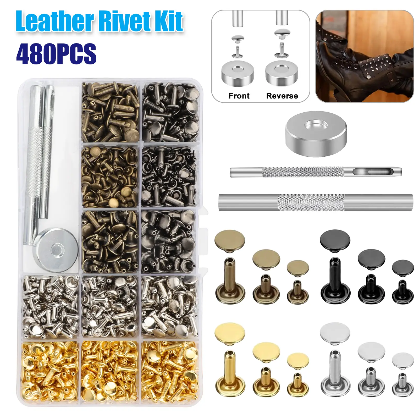 480Pcs DIY Leather Sewing Tool Kit – Leather Craft Tool,3 Sizes Garment Rivet for Leather Crafting,Shoes Repair,Belts Decoration, hole punch