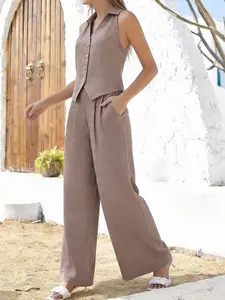 Women's Solid Color Mock Neck Halter Sleeveless Vest Set, High Waist Wide Leg Pants, Slimming Fitted, Casual Style, Perfect for Dating and Commuting, Womenswear Clothes