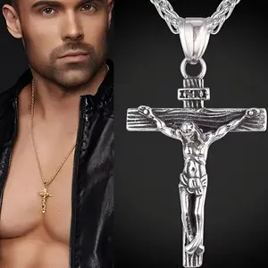 1pc Unisex Stainless Steel Jesus Cross Pendant Necklace - 18K Gold Plated Plated Religious Jewelry with Intricate Detailing, Durable Christian Gift for Men & Women, Year-Round Wear