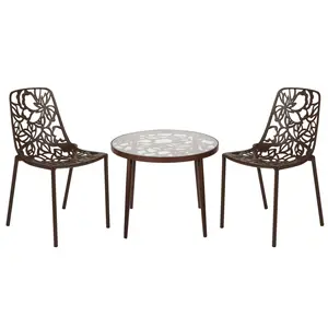 LeisureMod DT20CBR 19 x 23 x 23 in. Devon Mid-Century Modern 3 Piece Aluminum Outdoor Patio Dining Set with Tempered Glass Top Table & 2 Stackable Flower Design Chair, Brown