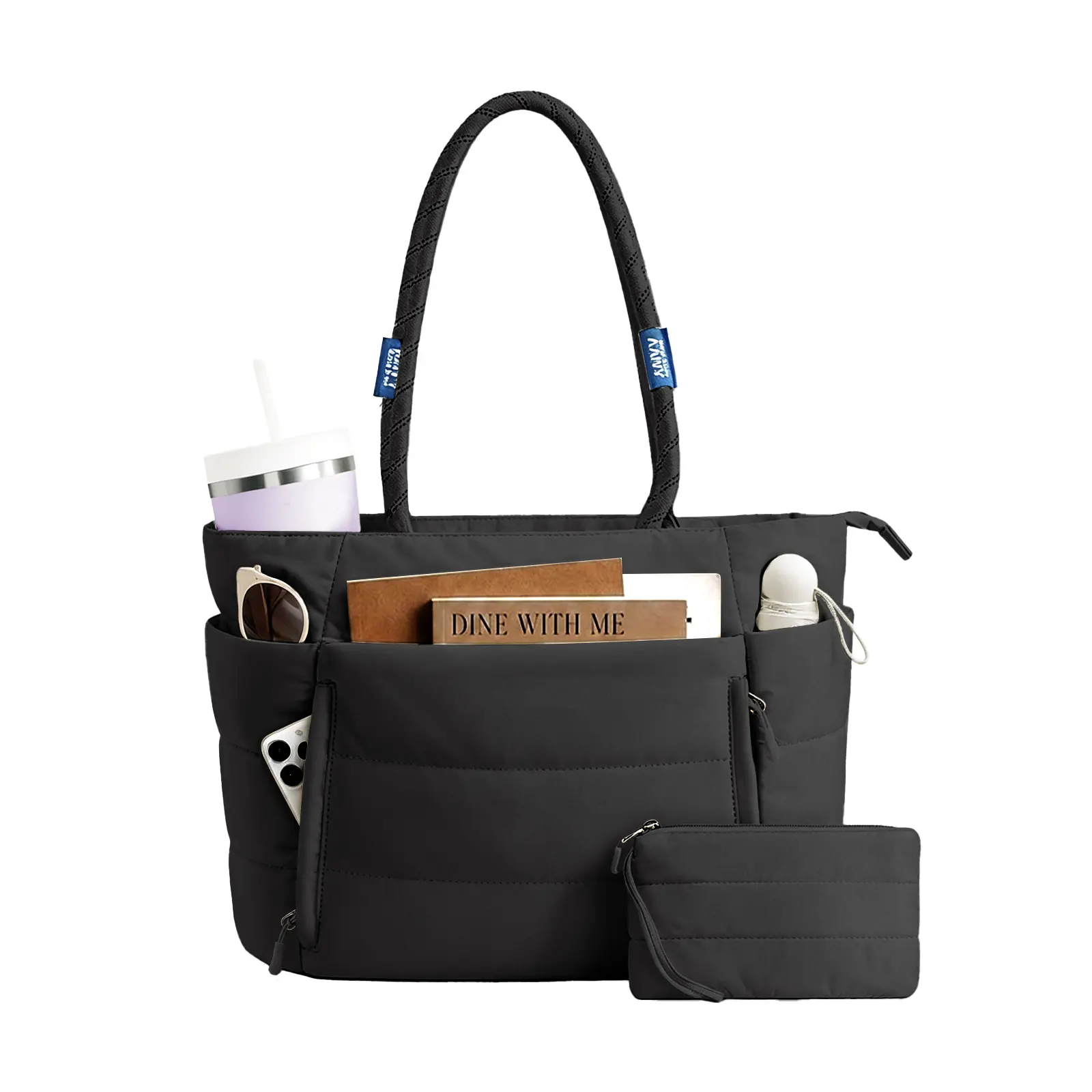 AAIVV 2-Piece Tote Bag Set, Puffy Tote& Leather Work Bag, Laptop Shoulder Handbag with Compartments for Business, Travel, Gym & Shopping