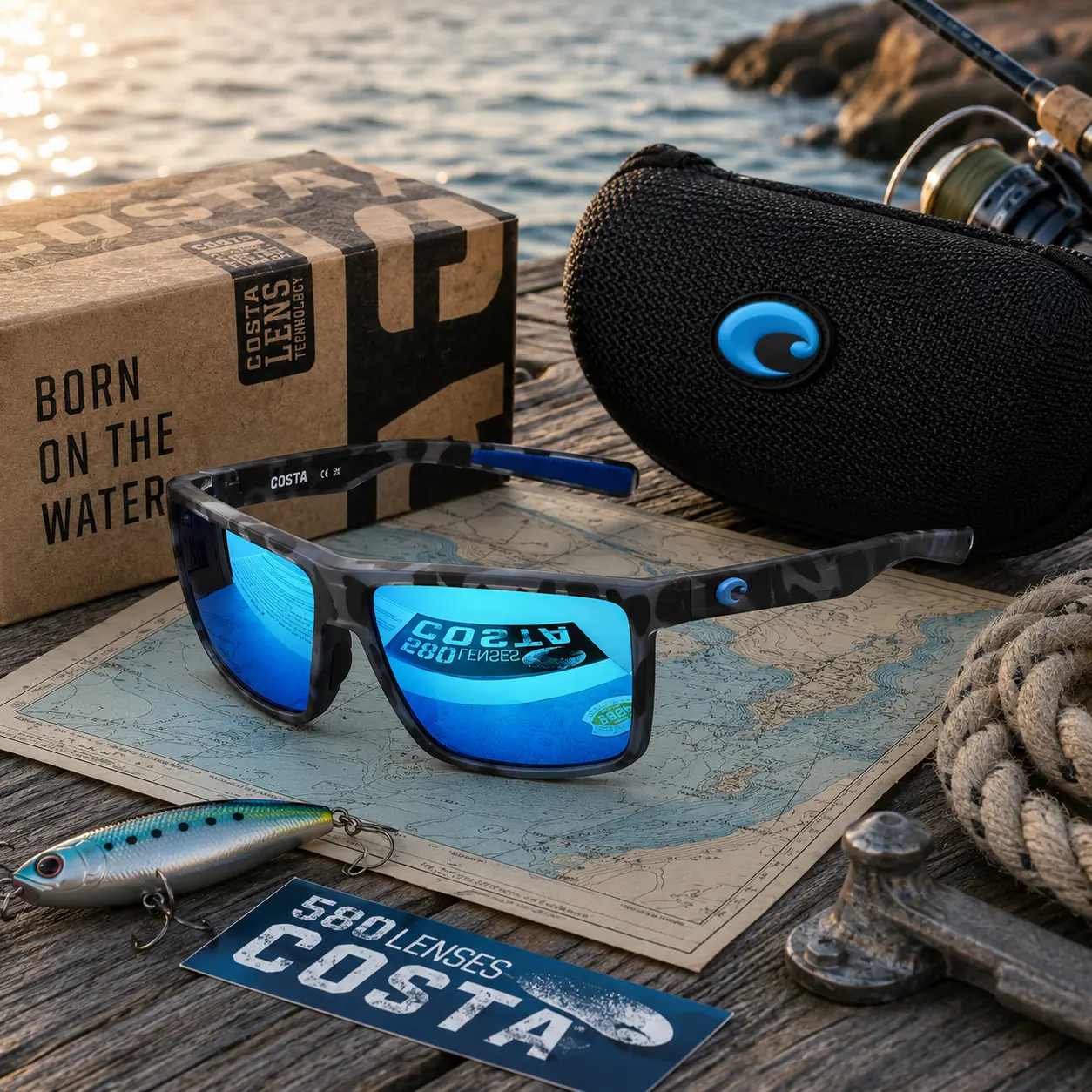 Full Box Costa Del Mar Rinconcito Costa 580G Men’s Polarized Sunglasses Black Frame Blue Mirror Lens UV400 Fishing Driving Outdoor Sport Glasses with Case Box