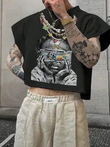 Men's boxy cropped T-shirt in a streetwear style, featuring a vintage money graphic print. Perfect for a summer grunge look and urban aesthetic street style.