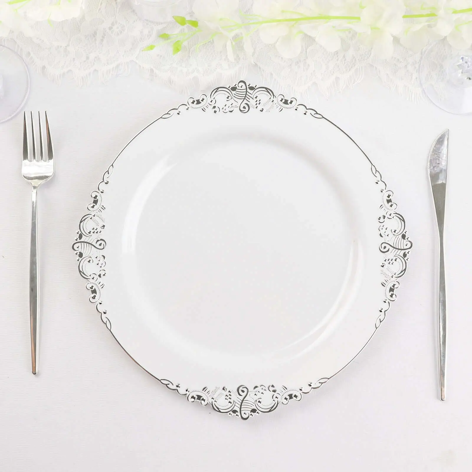 10-Pack Disposable Dinnerware - 10 in Round Elegant Plastic Vintage Plates with Silver Leaf Embossed Rim, Baroque Style Spill Guard for Parties, Weddings (Home & Festive Party Supplies), Elegant Plastic Plates