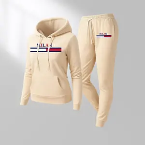 Women's MILANO Print Hoodie and Drawstring Track Pants Set with Pockets, Casual 2-Piece Sweatshirt and Jogger Outfit, Long Sleeve Fall Winter Sportswear, Streetwear Tracksuit Set for Indoor and Outdoor Activities