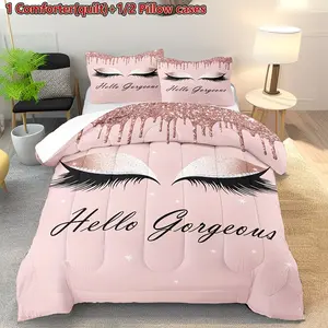 Eyelash Pattern Quilt Set (1 Quilt + 2 Pillowcases), U-Shaped Stitching, 200gsm Filling, Breathable, Soft, Durable