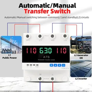 63A 110V Automatic/Manual Transfer Switch L1 Priority Phase Selector LED Display DIN Rail Mount ATS for Generator Inverter & Utility Power CE 50/60Hz