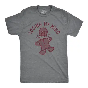 Mens Losing My Mind T Shirt Funny Headless Gingerbread Man Xmas Tee for Guys Mens Funny T Shirts Cool Vintage Fashion T-Shirt Gift Classic Menswear Christmas Apparel for Men Funny Sarcastic Short Sleeve Novelty Dark Grey