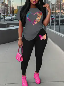 Women's Butterfly Print Tee & Skinny Pants Two-Piece Fitted Set, Casual Round Neck Short Sleeve T-Shirt & Leggings for Daily Wear, Ladies Summer Clothes, Going Out Sets