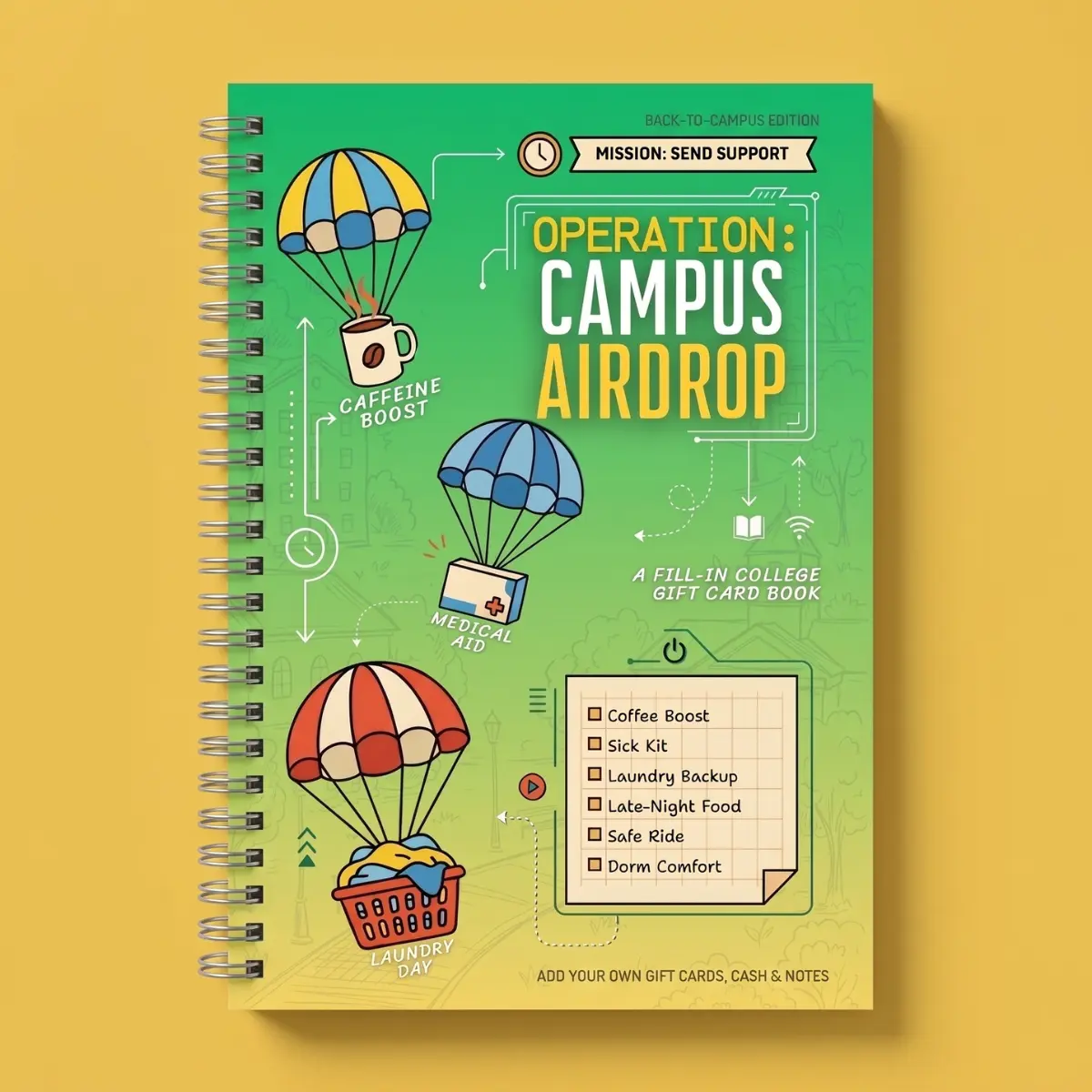 Campus Airdrop Student Support Gift Card Book, A5 Spiral-Bound Fill-In College Move-In Gift, Cards Not Included