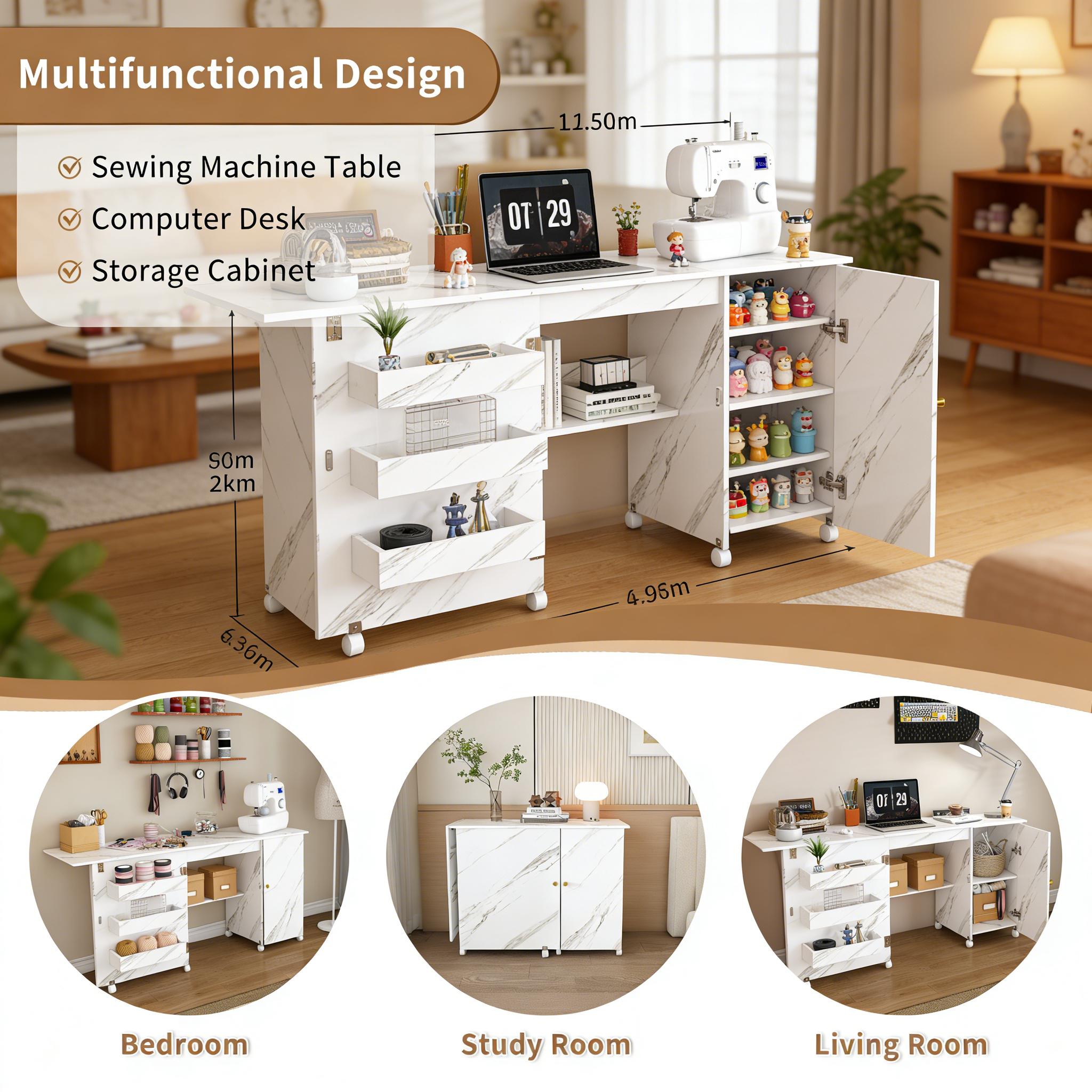 57.5"FoldableSewingMachineTablewithLockingCasters-Multi-StorageCraftStationDeskwithShelvesBinsCabinet,AdjustableSewingCabinetforHomeBedroomCraftRoom,SpaceSavingWhiteDeskforDormApartmentOffice,HobbyTableFurniture 57.5"FoldableSewingMachineTablewithLockingCasters-Multi-StorageCraftStationDeskwithShelvesBinsCabinet,AdjustableSewingCabinetforHomeBedroomCraftRoom,SpaceSavingWhiteDeskforDormApartmentOffice,HobbyTableFurniture