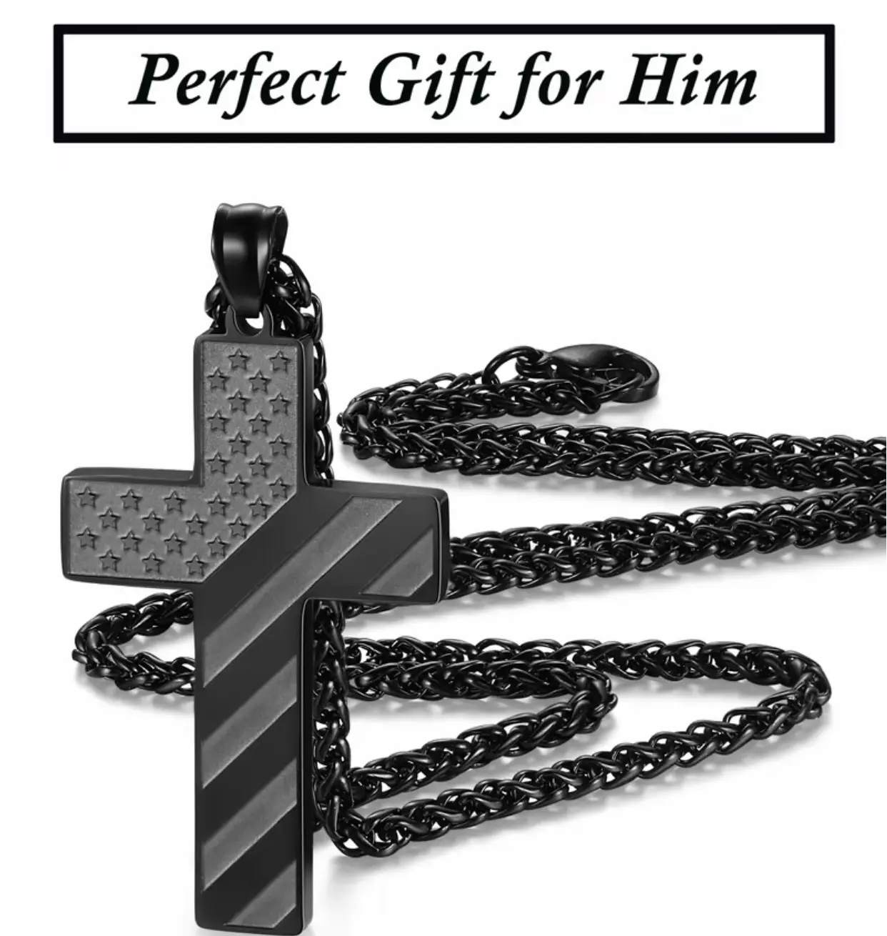 High-Quality Stainless Steel Black Cross Necklace - 1.8"x1.2", 20in with 2in Extender, Bible Verse American Flag Charm, Lead-Free Unisex Religious Casual Jewelry, Easter Gift for Men (Husband), Valentine's Day